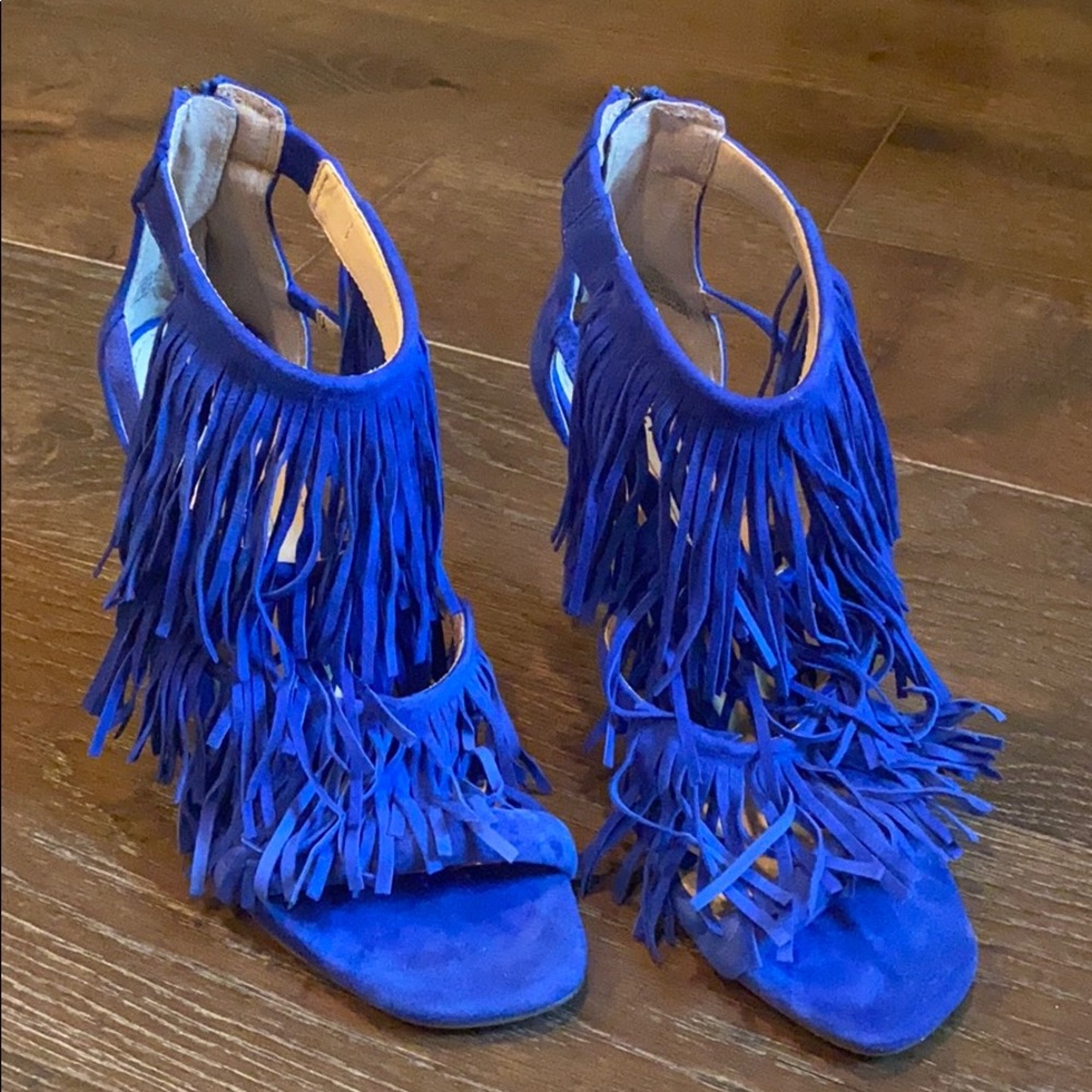 Women's Fringe Open-Toe Heels — Electric Blue